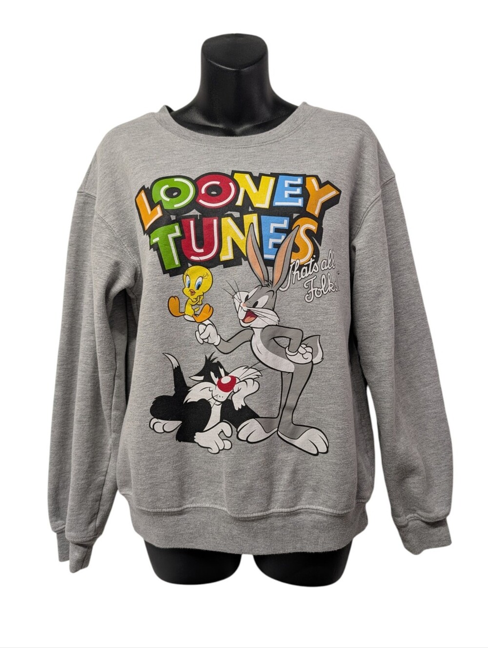 Looney Tunes Gray Sweatshirt Sz S Bugs Bunny Tweety Sylvester "That's All Folks"